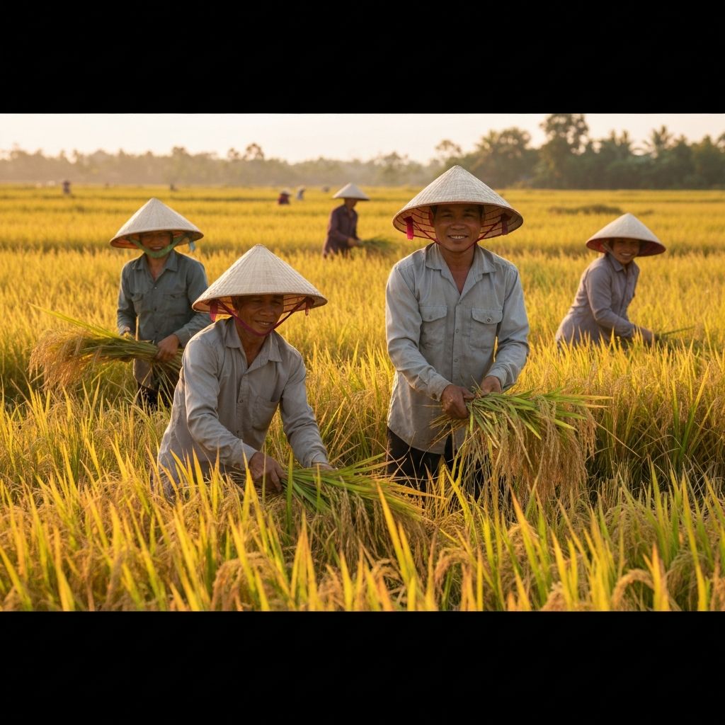 Nông dân thu hoạch trên cánh đồng Đồng bằng sông Cửu Long